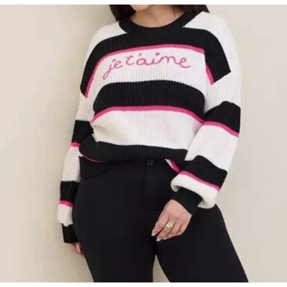 Torrid Pullover Drop Shoulder Crew Neck Sweater Black White Strip Je t'aime 1X